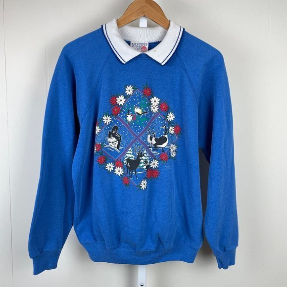 Morning Sun Tops - Vintage Morning Sun‎ Blue Grandma Sweatshirt Winter Animals Womens XL
